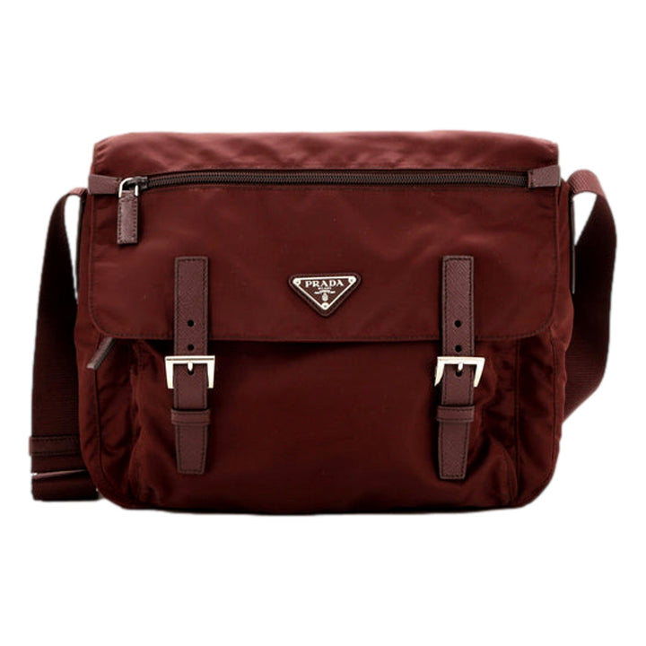 Prada Double Buckle Flap Messenger Bag Tessuto Nylon Large Burgundy Red