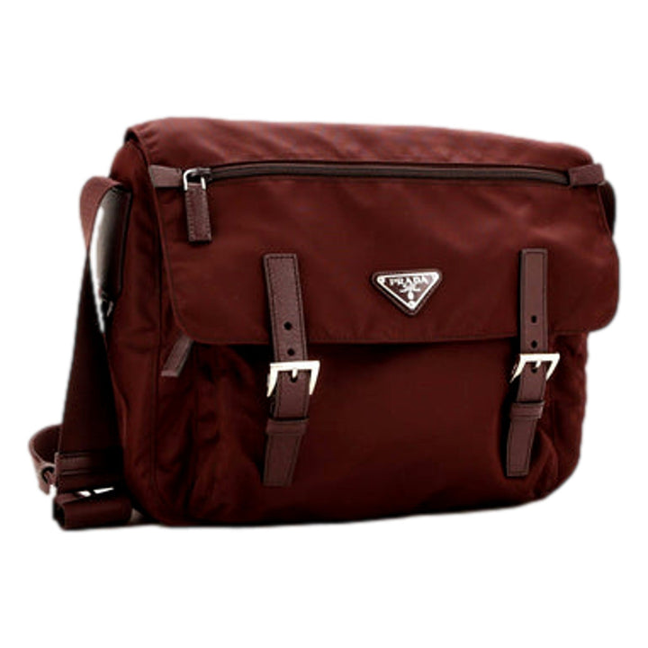 Prada Double Buckle Flap Messenger Bag Tessuto Nylon Large Burgundy Red
