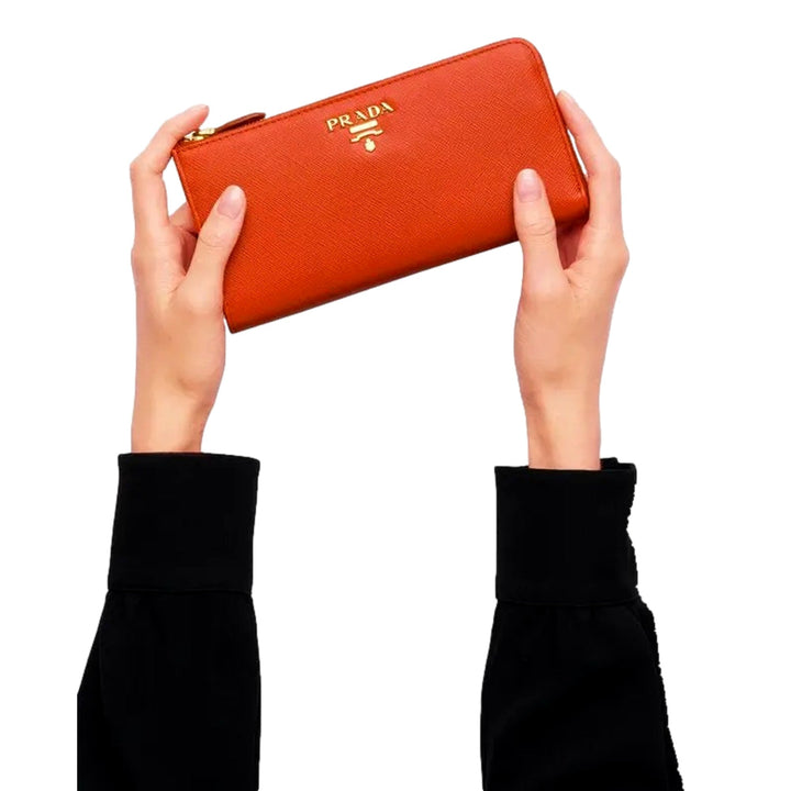 Prada Saffiano Long Continental Zip Wallet Orange Leather Gold Logo