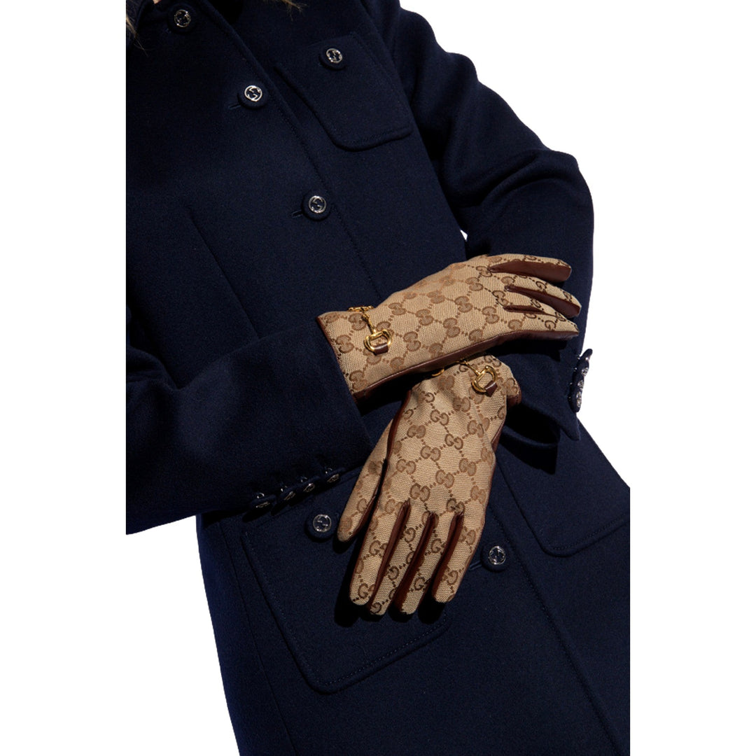 Gucci Beige Brown Monogram Horsebit Nappa Leather Gloves