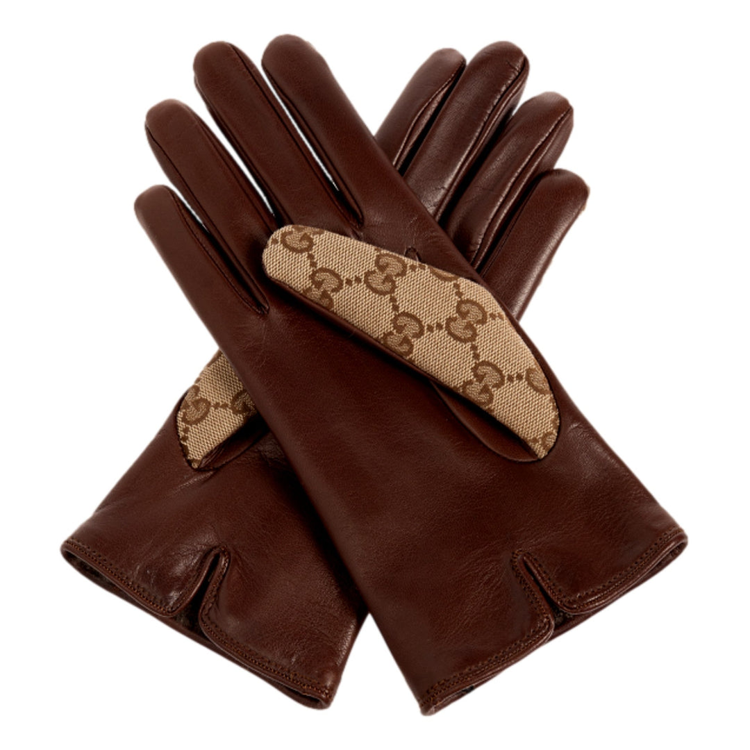 Gucci Beige Brown Monogram Horsebit Nappa Leather Gloves