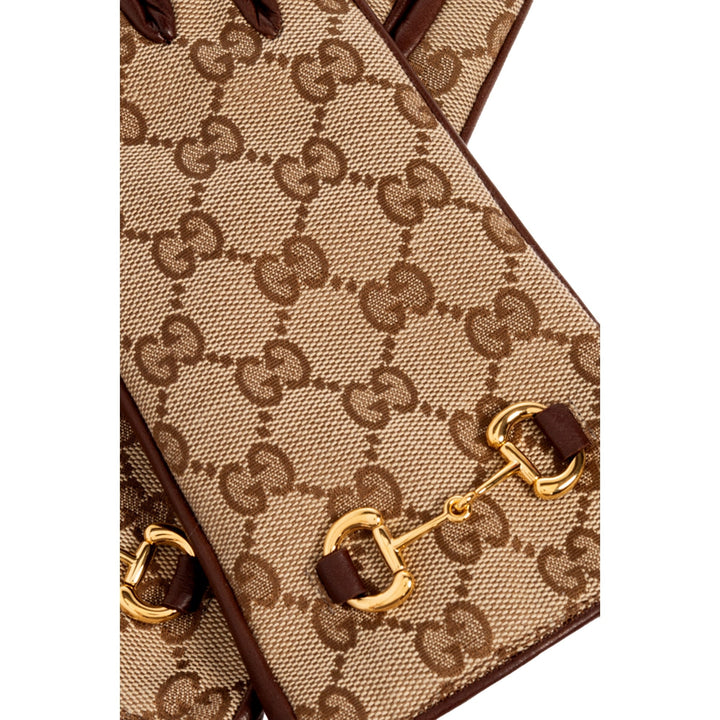 Gucci Beige Brown Monogram Horsebit Nappa Leather Gloves