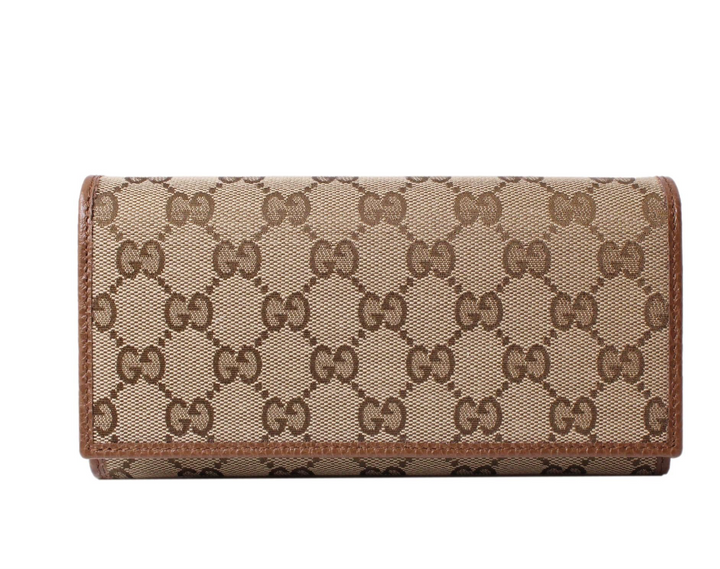 Gucci Original Beige GG Canvas Brown Leather Trim Long Wallet