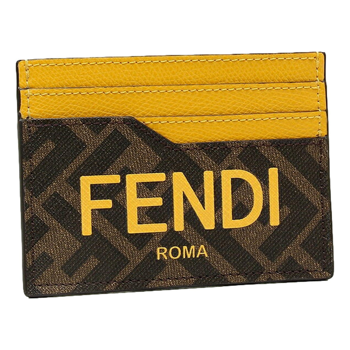 Fendi Roma Calfskin Leather Zucca Yellow Brown Card Case Wallet