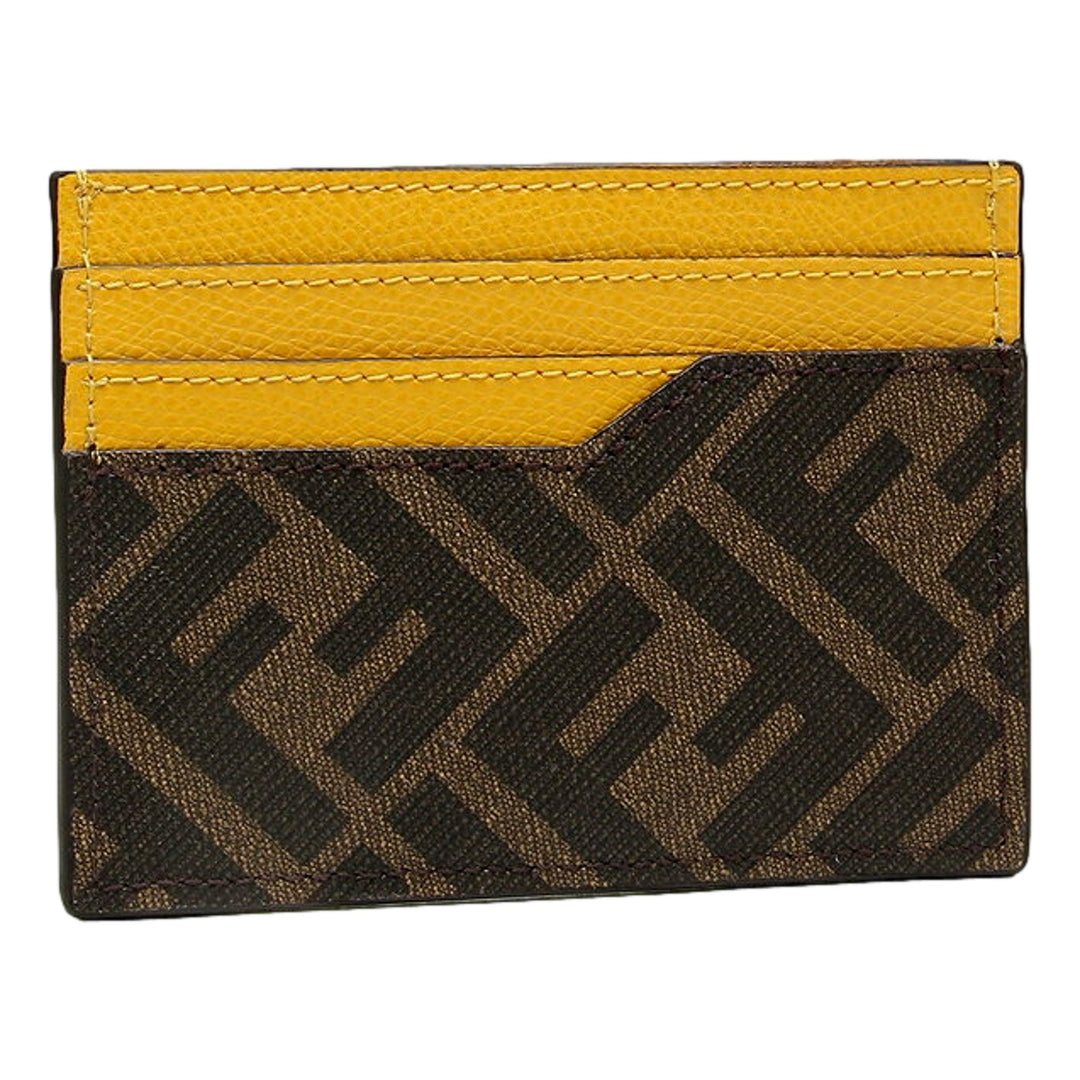 Fendi Roma Calfskin Leather Zucca Yellow Brown Card Case Wallet