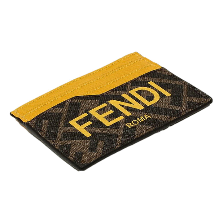 Fendi Roma Calfskin Leather Zucca Yellow Brown Card Case Wallet