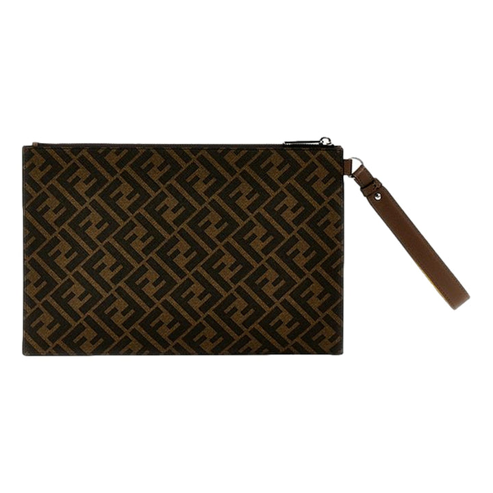 Fendi Coated Canvas Brown and Yellow Zucca Print Large Pouch Wristlet