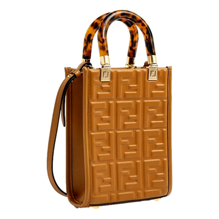 Fendi FF Zucca Leather Mini Sunshine Shopper Tote Crossbody Bag Caramello Brown