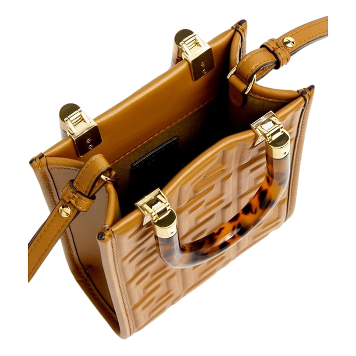 Fendi FF Zucca Leather Mini Sunshine Shopper Tote Crossbody Bag Caramello Brown