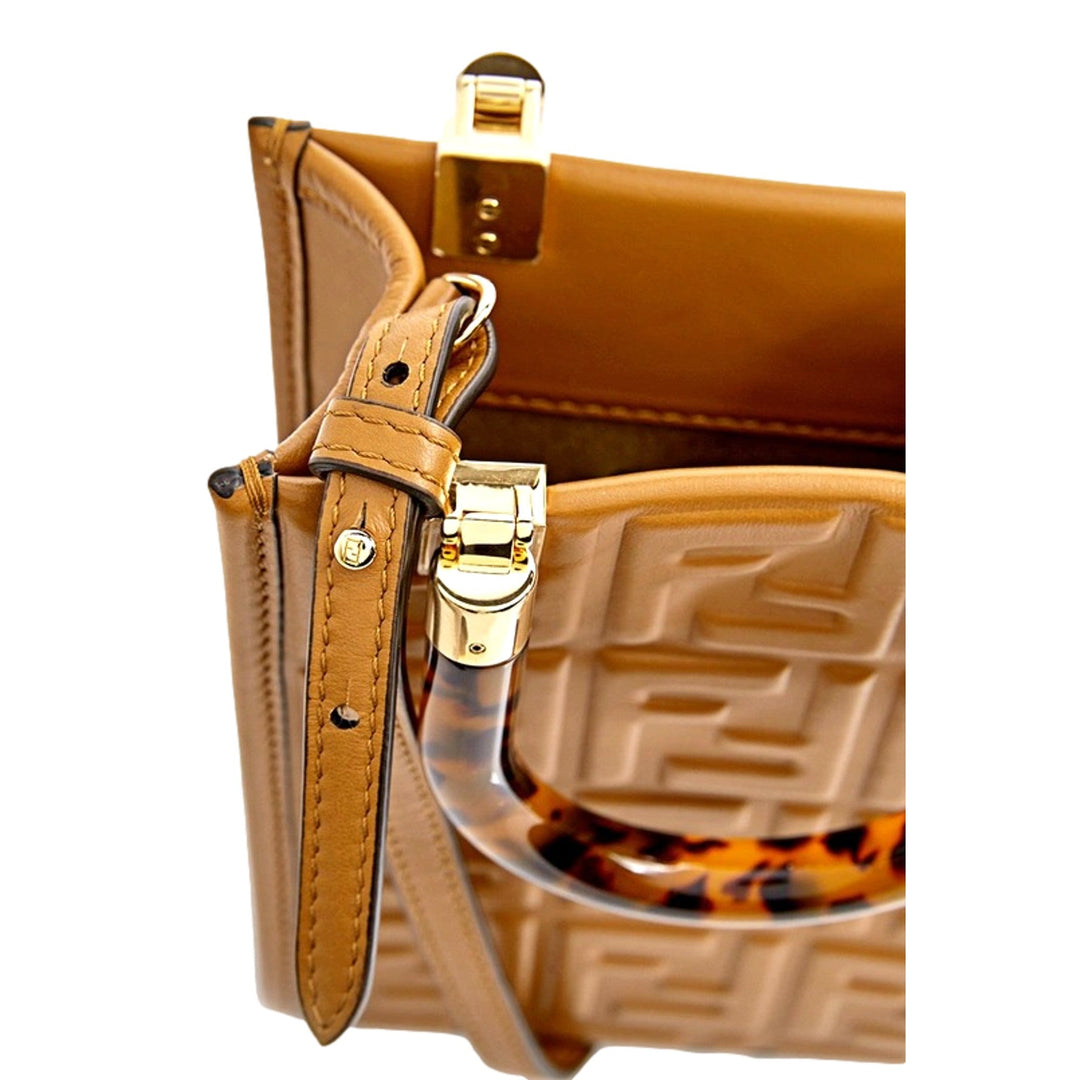Fendi FF Zucca Leather Mini Sunshine Shopper Tote Crossbody Bag Caramello Brown