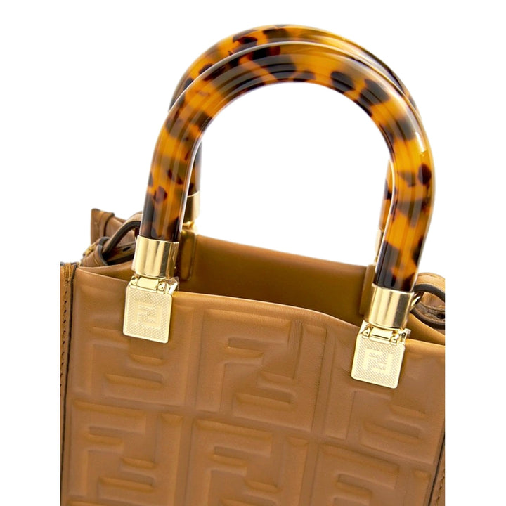 Fendi FF Zucca Leather Mini Sunshine Shopper Tote Crossbody Bag Caramello Brown