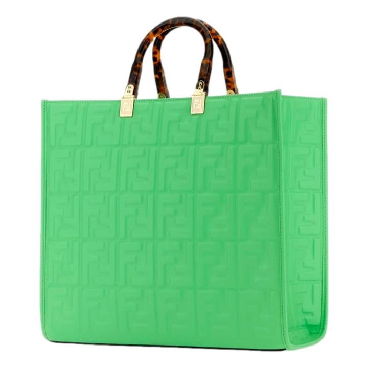 Fendi Sunshine Medium Plexi FF Embossed Leather Tote Edamame Green