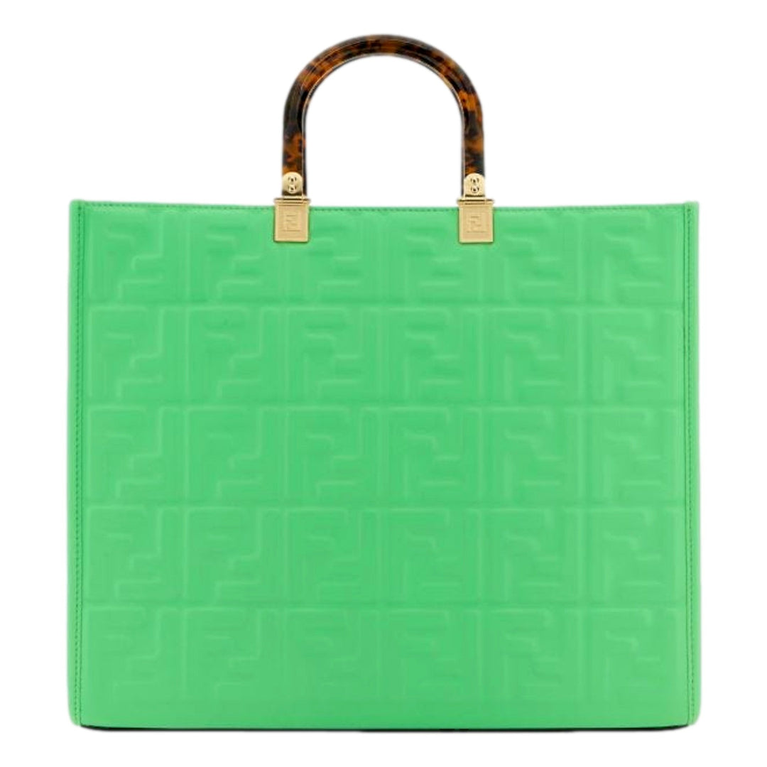 Fendi Sunshine Medium Plexi FF Embossed Leather Tote Edamame Green