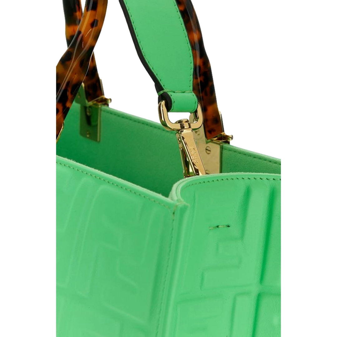 Fendi Sunshine Medium Plexi FF Embossed Leather Tote Edamame Green