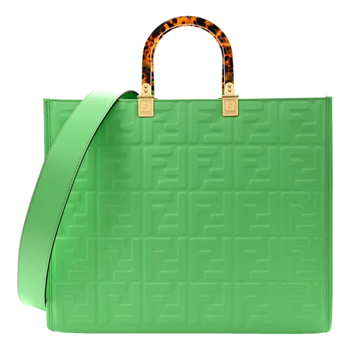 Fendi Sunshine Medium Plexi FF Embossed Leather Tote Edamame Green