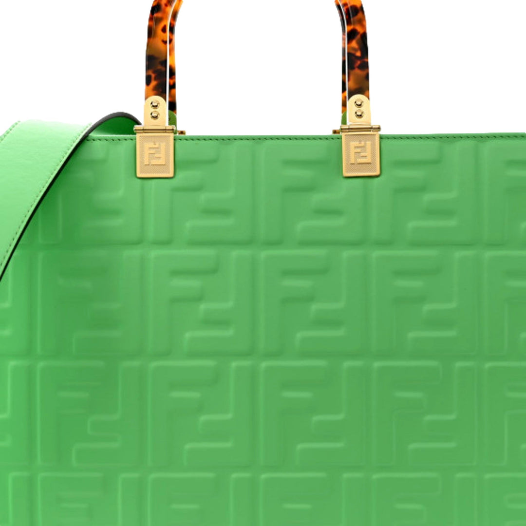 Fendi Sunshine Medium Plexi FF Embossed Leather Tote Edamame Green