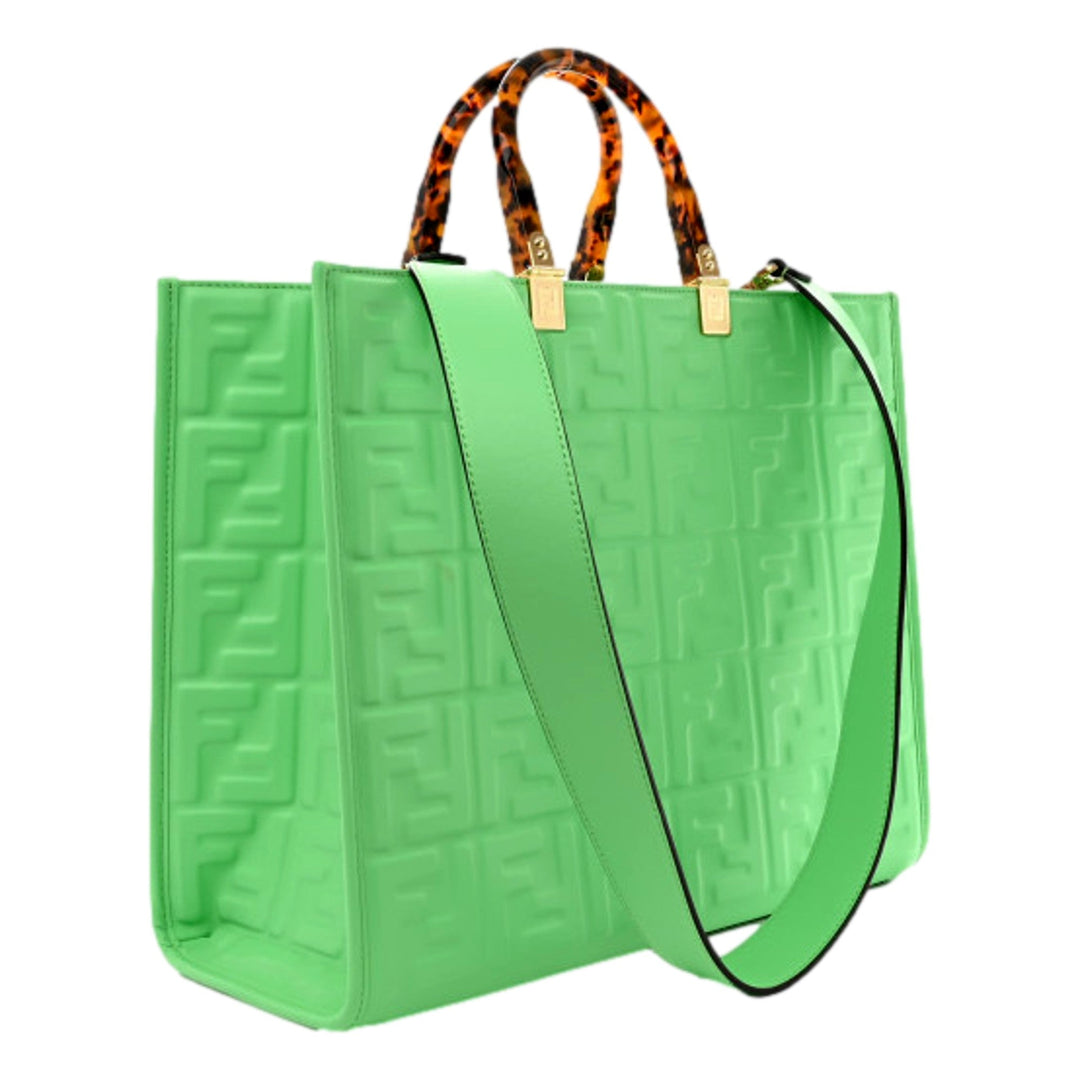 Fendi Sunshine Medium Plexi FF Embossed Leather Tote Edamame Green