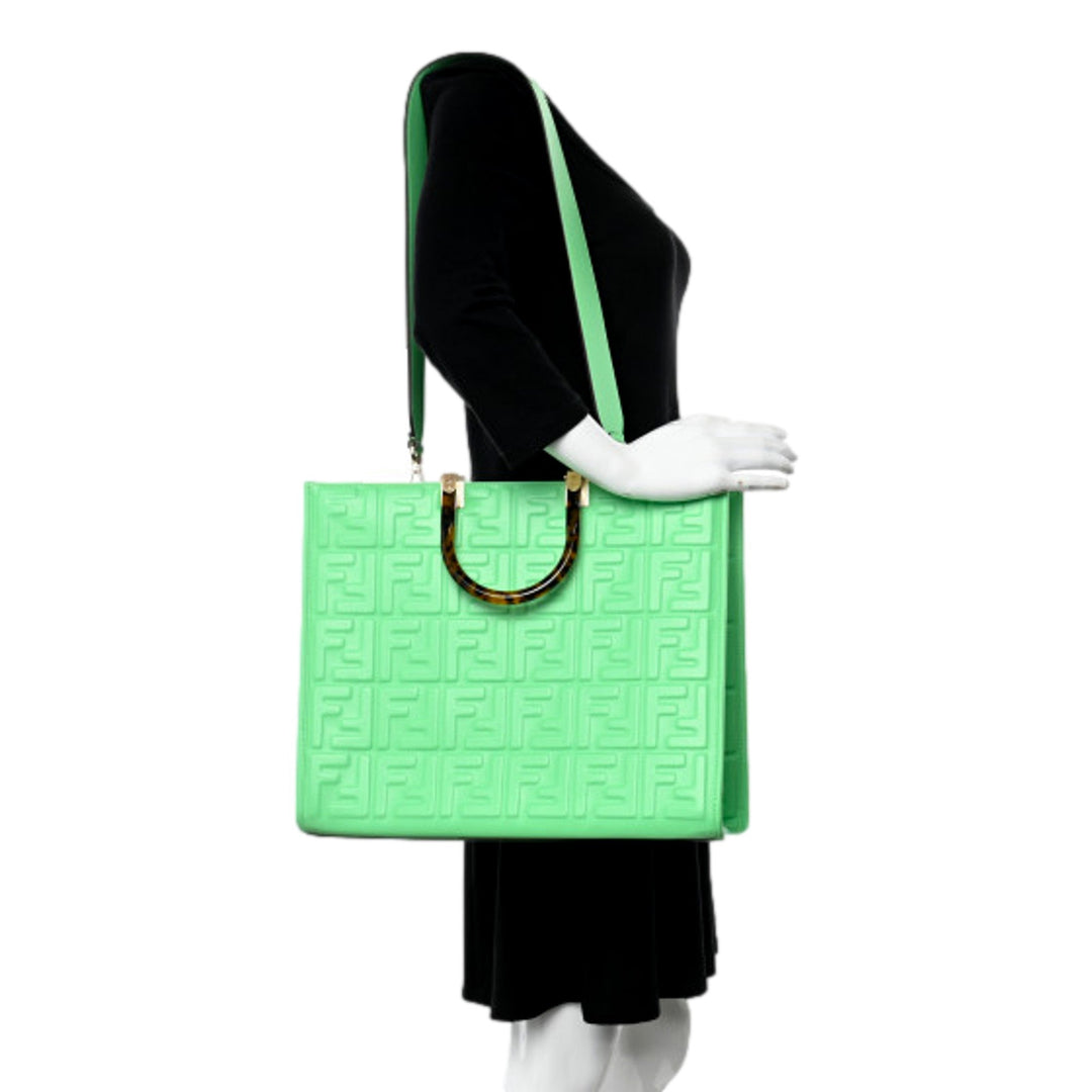 Fendi Sunshine Medium Plexi FF Embossed Leather Tote Edamame Green