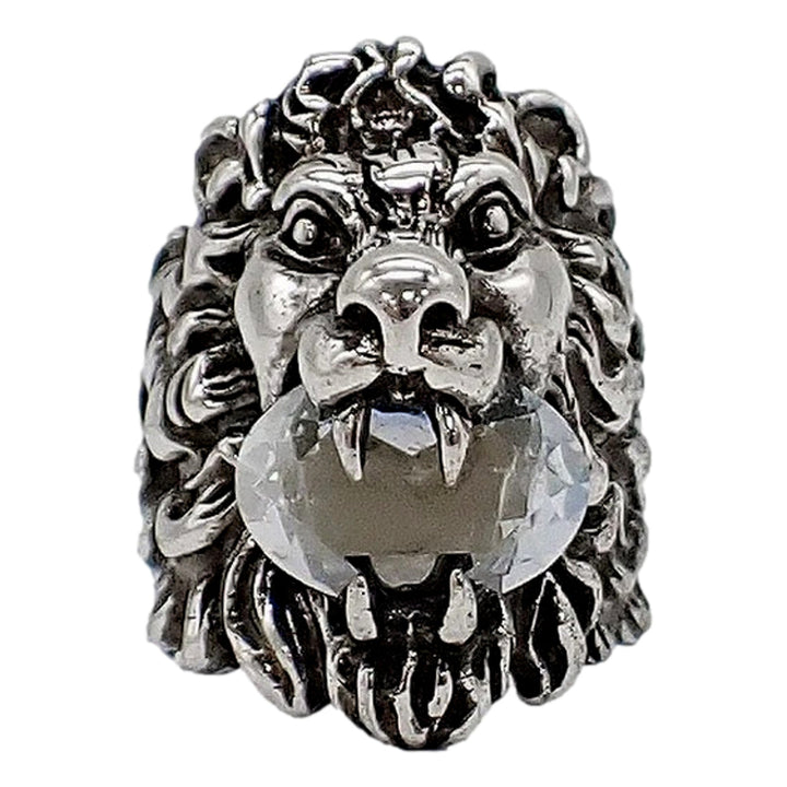Gucci Lion Head Motif Silver Ring Crystal Size 13