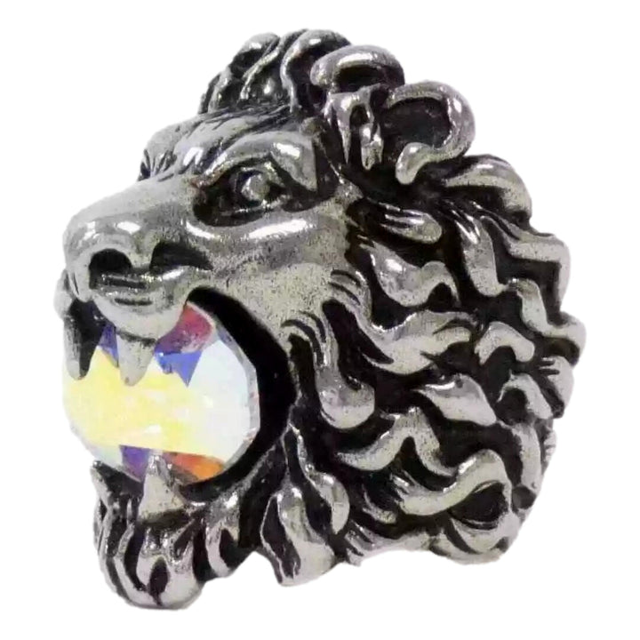 Gucci Lion Head Motif Silver Ring Opalescent Crystal Size 10