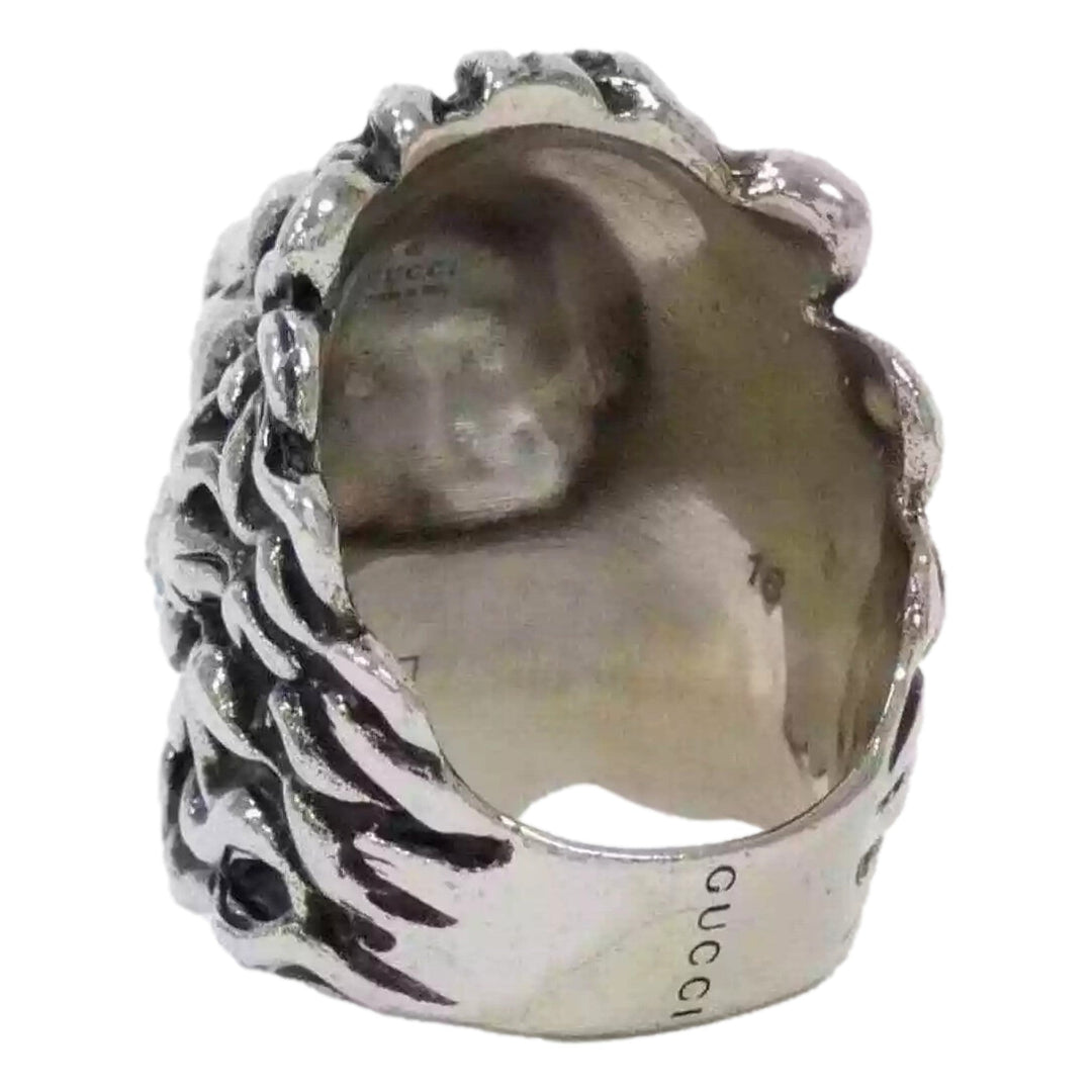 Gucci Lion Head Motif Silver Ring Opalescent Crystal Size 10