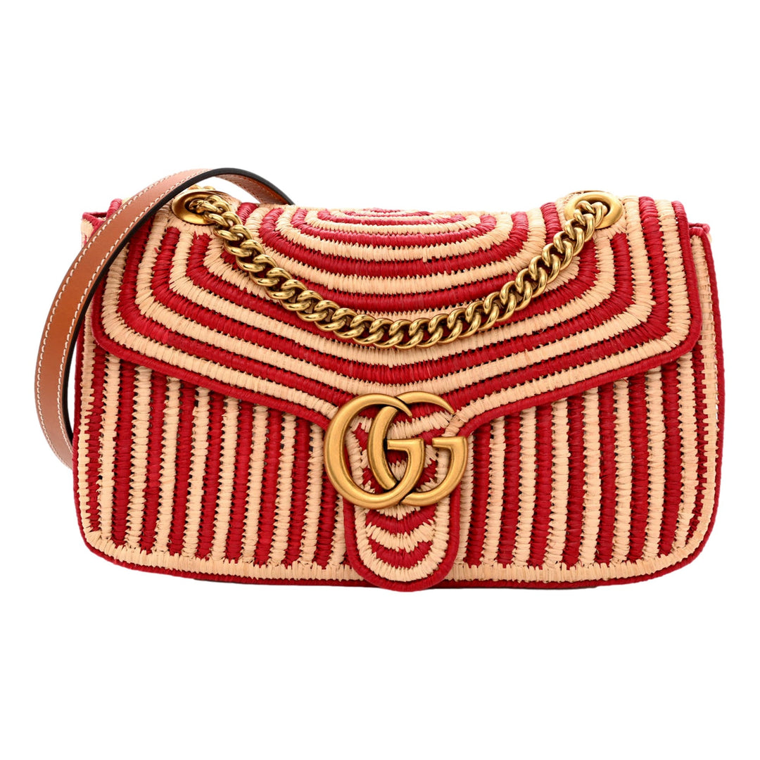Gucci Marmont Raffia Woven Small GG Shoulder Bag Natural Hibiscus Red