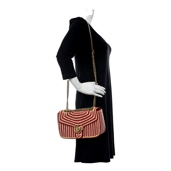 Gucci Marmont Raffia Woven Small GG Shoulder Bag Natural Hibiscus Red