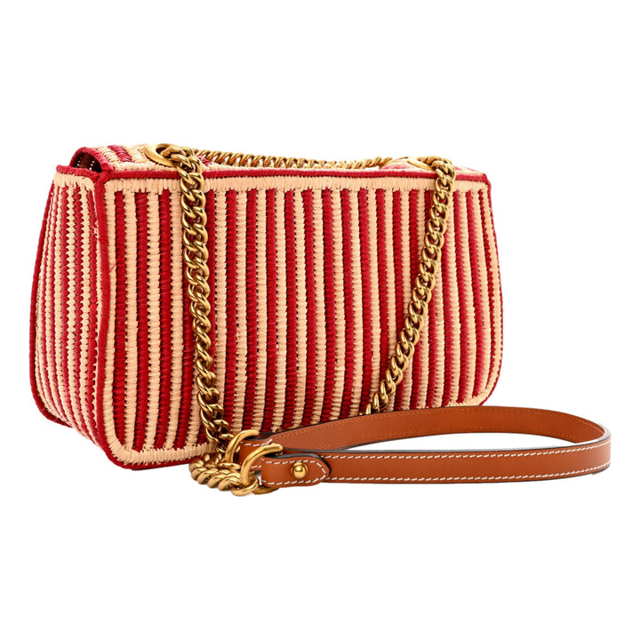 Gucci Marmont Raffia Woven Small GG Shoulder Bag Natural Hibiscus Red