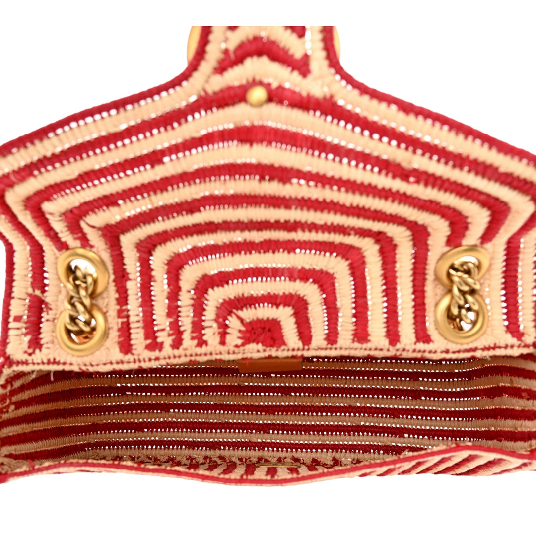Gucci Marmont Raffia Woven Small GG Shoulder Bag Natural Hibiscus Red