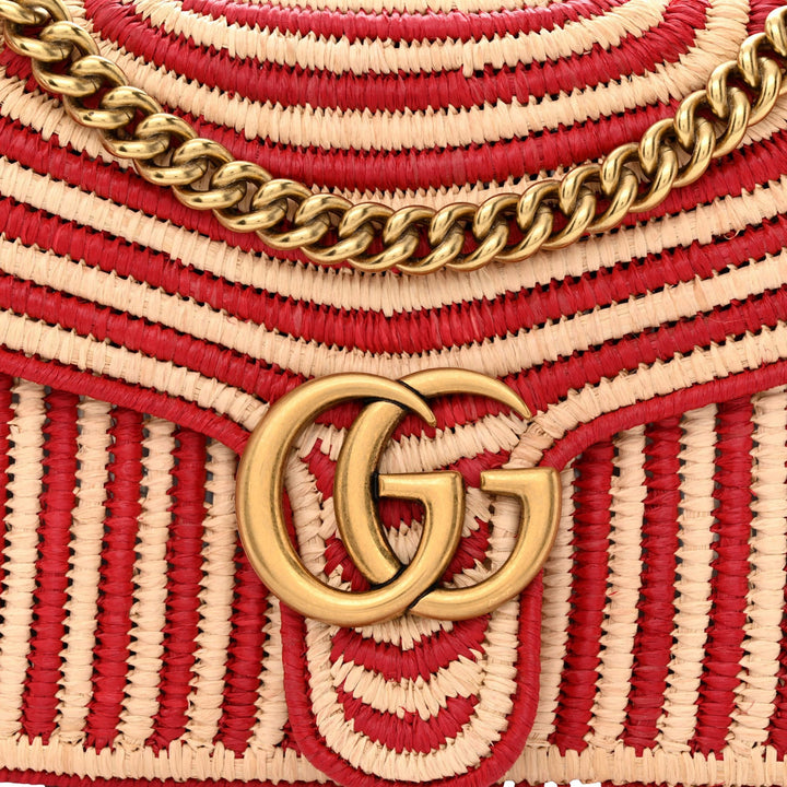 Gucci Marmont Raffia Woven Small GG Shoulder Bag Natural Hibiscus Red