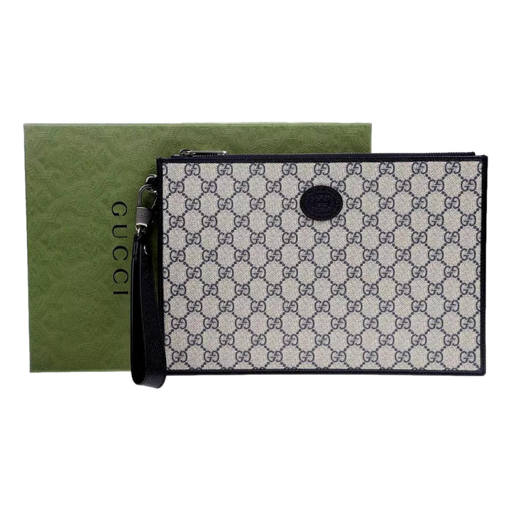 Gucci GG Supreme Coated Canvas Wristlet Clutch Handbag Beige and Navy