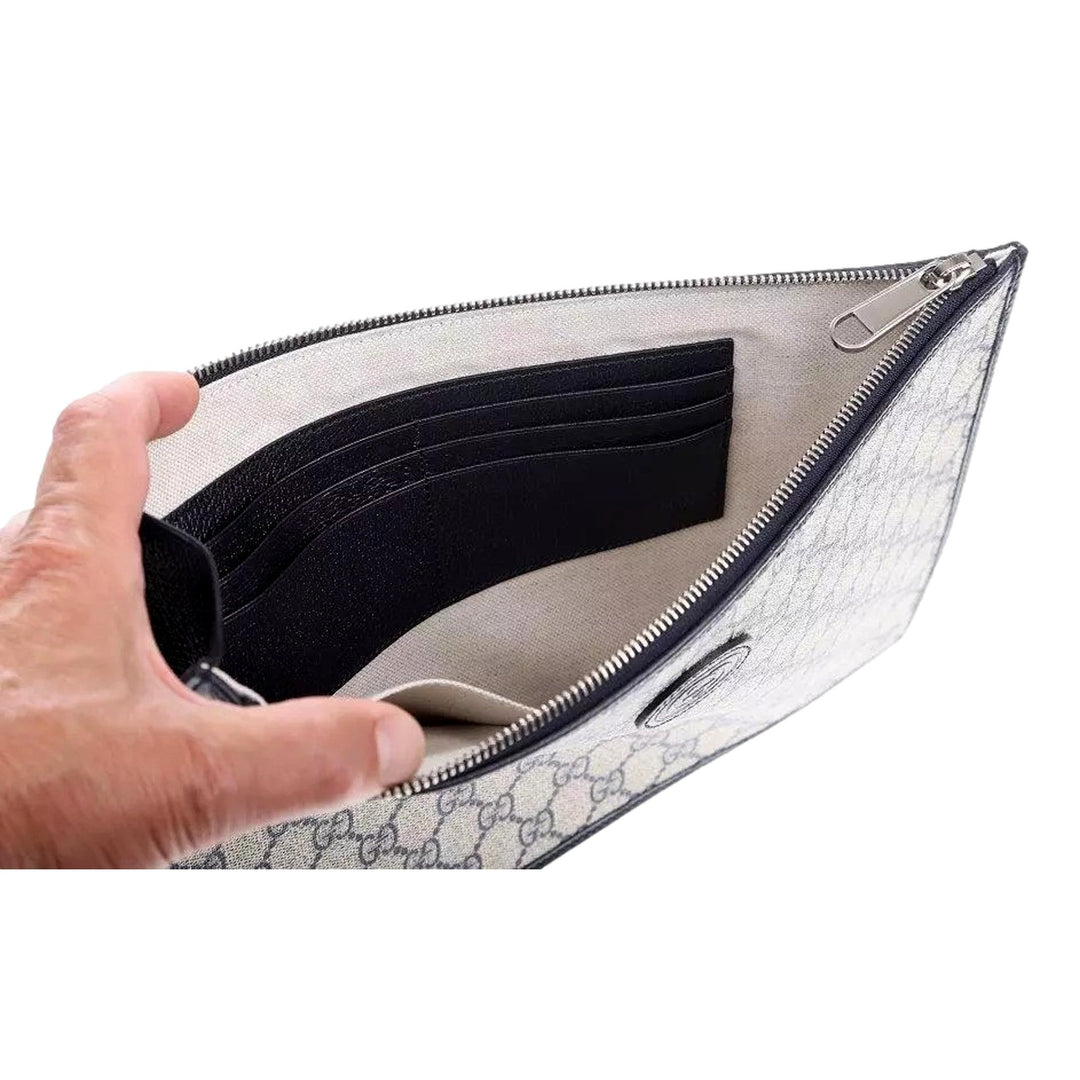 Gucci GG Supreme Coated Canvas Wristlet Clutch Handbag Beige and Navy