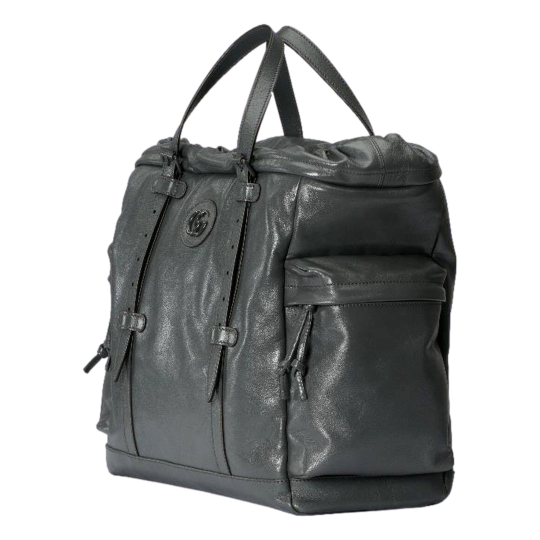 Gucci Gray Leather Drawstring Tote Bag With Tonal Double G Logo