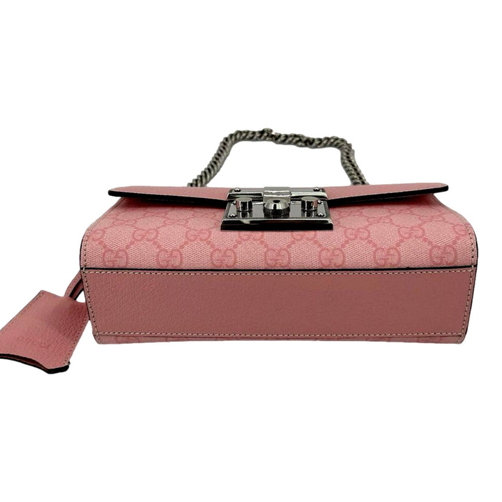 Gucci Pink GG Supreme Leather Padlock Chain Small Handbag Pink