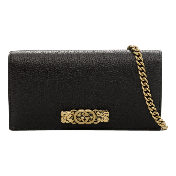 Gucci Interlocking Double G Python Leather Bow Chain Wallet Black