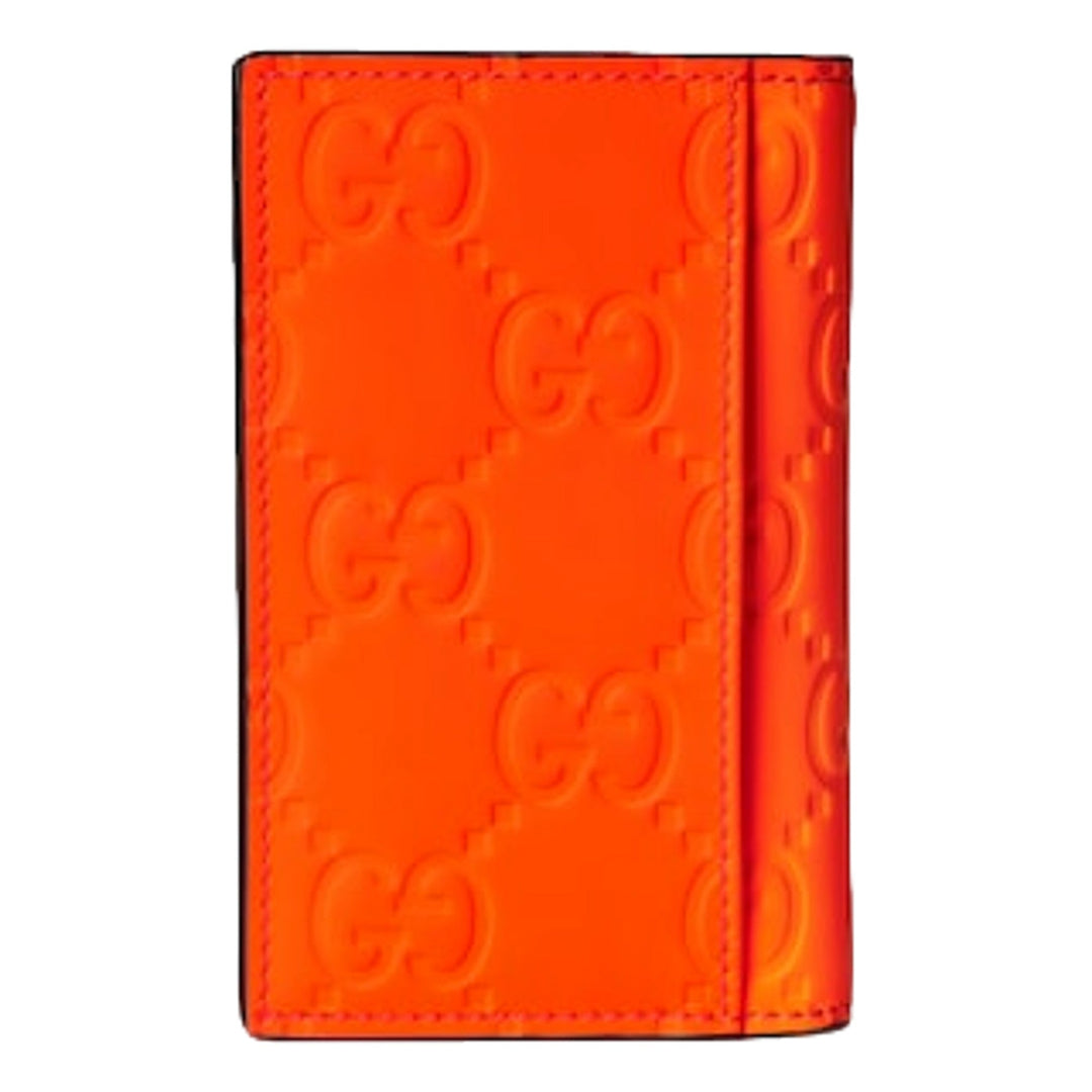 Gucci GG Leather Rubber Effect Neon Orange Folding Wallet Card Holder