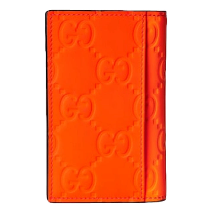 Gucci GG Leather Rubber Effect Neon Orange Folding Wallet Card Holder