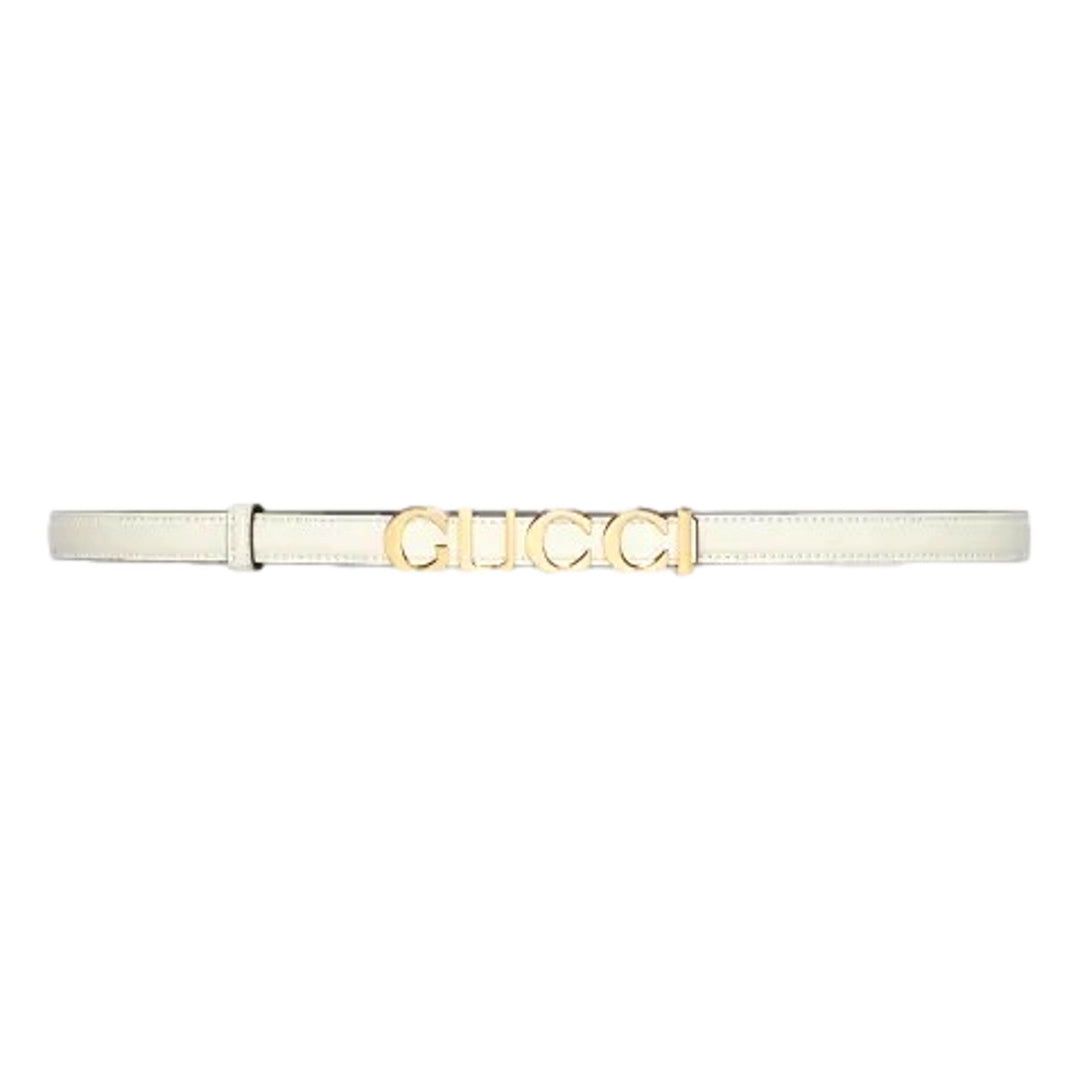 Gucci Cream Thin Leather Belt with Metal Gold Logo Lettering Size 85