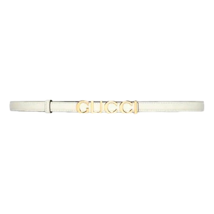 Gucci Cream Thin Leather Belt with Metal Gold Logo Lettering Size 85