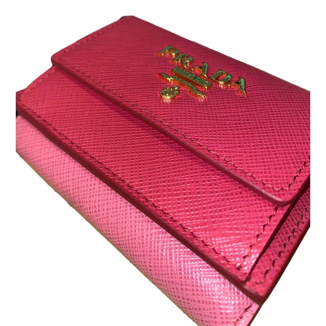 Prada Tri-Fold Saffiano Wallet Womens Pink Multicolor Gold Prada Logo