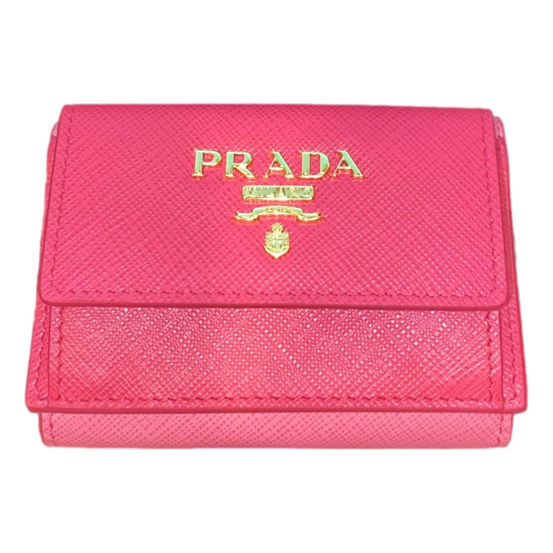 Prada Tri-Fold Saffiano Wallet Womens Pink Multicolor Gold Prada Logo