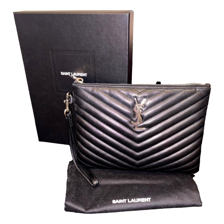 Saint Laurent YSL Black Calfskin Matelasse Chevron Monogram A5 Wristlet Clutch