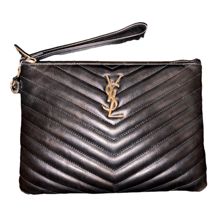 Saint Laurent YSL Black Calfskin Matelasse Chevron Monogram A5 Wristlet Clutch