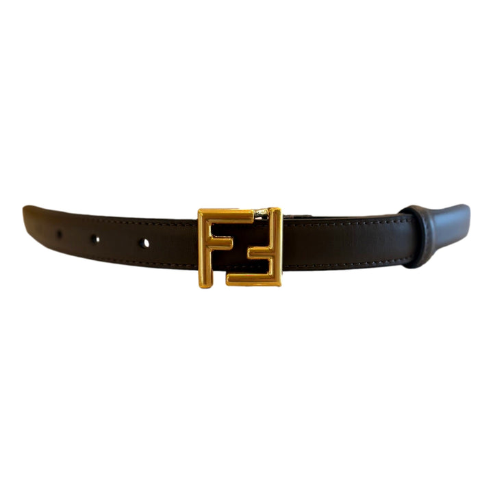 Fendi FF Calfskin Thin Leather Belt Dark Coffee Brown Gold Buckle Size 75/30