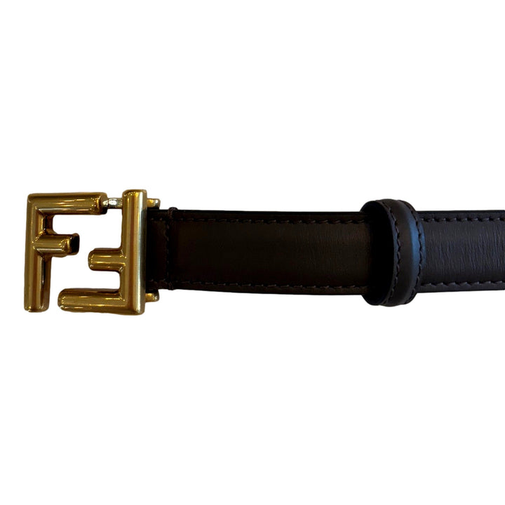 Fendi FF Calfskin Thin Leather Belt Dark Coffee Brown Gold Buckle Size 75/30