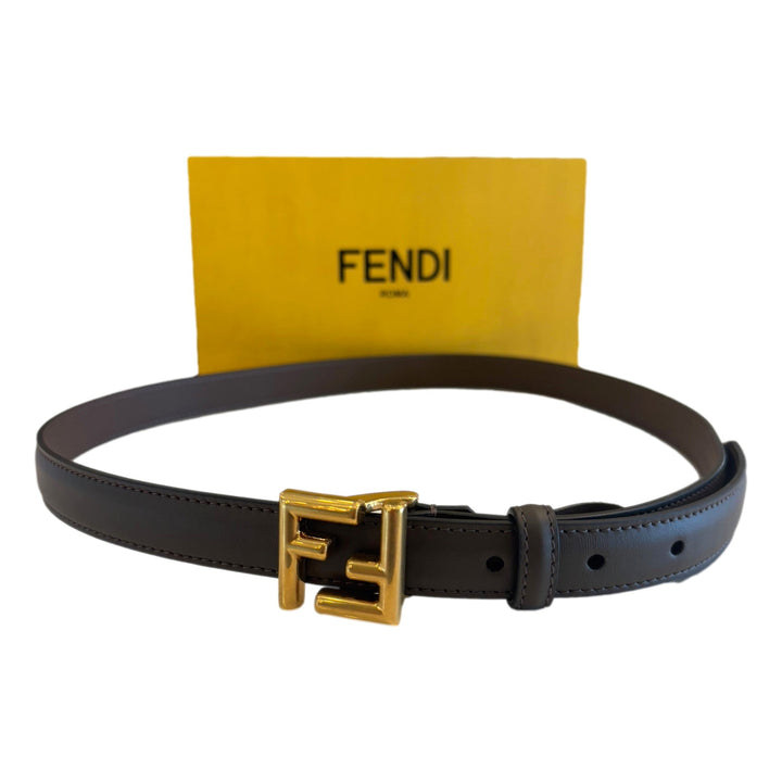 Fendi FF Calfskin Thin Leather Belt Dark Coffee Brown Gold Buckle Size 75/30