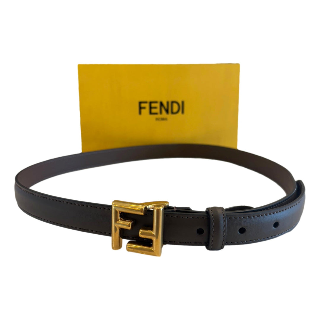Fendi FF Calfskin Thin Leather Belt Dark Coffee Brown Gold Buckle Size 75/30