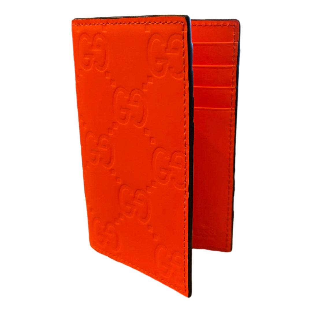Gucci GG Leather Rubber Effect Neon Orange Folding Wallet Card Holder