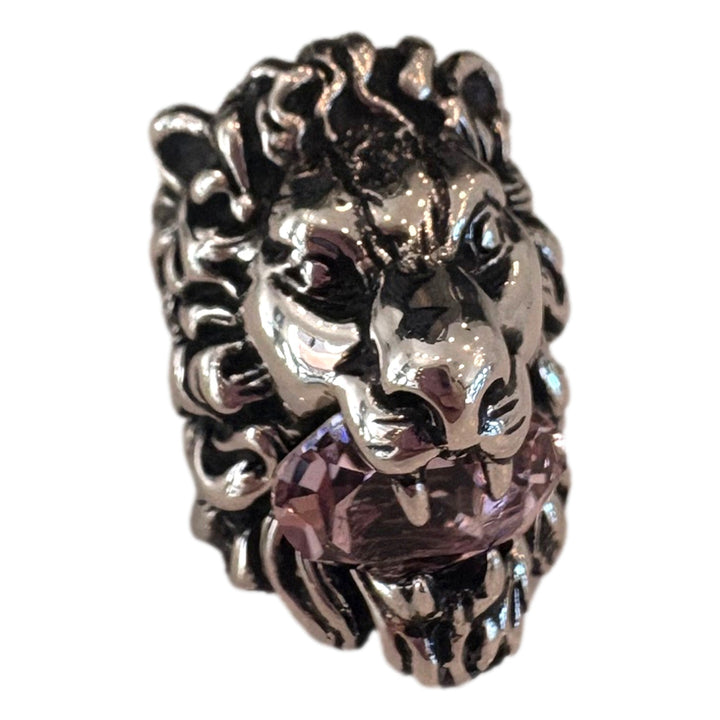 Gucci Lion Head Motif Silver Ring Light Pink Crystal Size 10