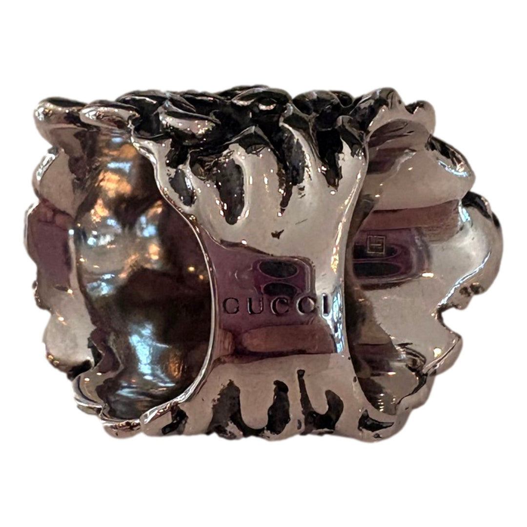 Gucci Lion Head Motif Silver Ring Light Pink Crystal Size 10